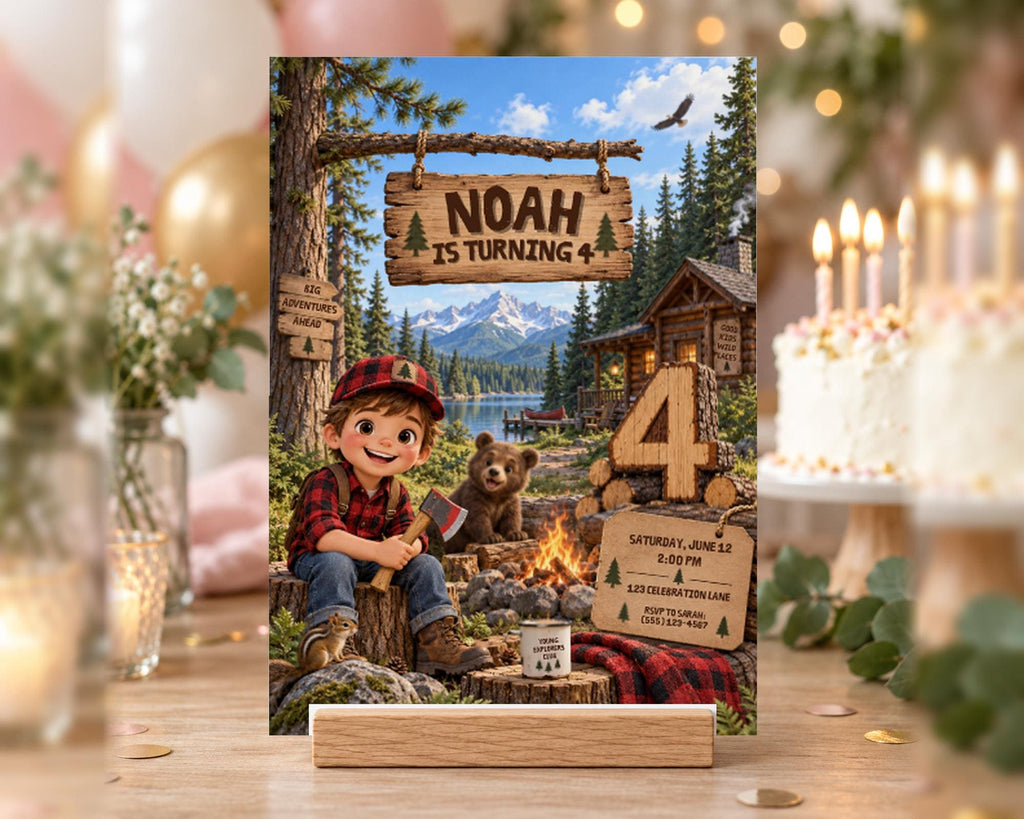 A birthday party invitation featuring a cartoon character, Noah, sitting on a tree stump with a cabin and a bear in the background, surrounded by a forest setting.