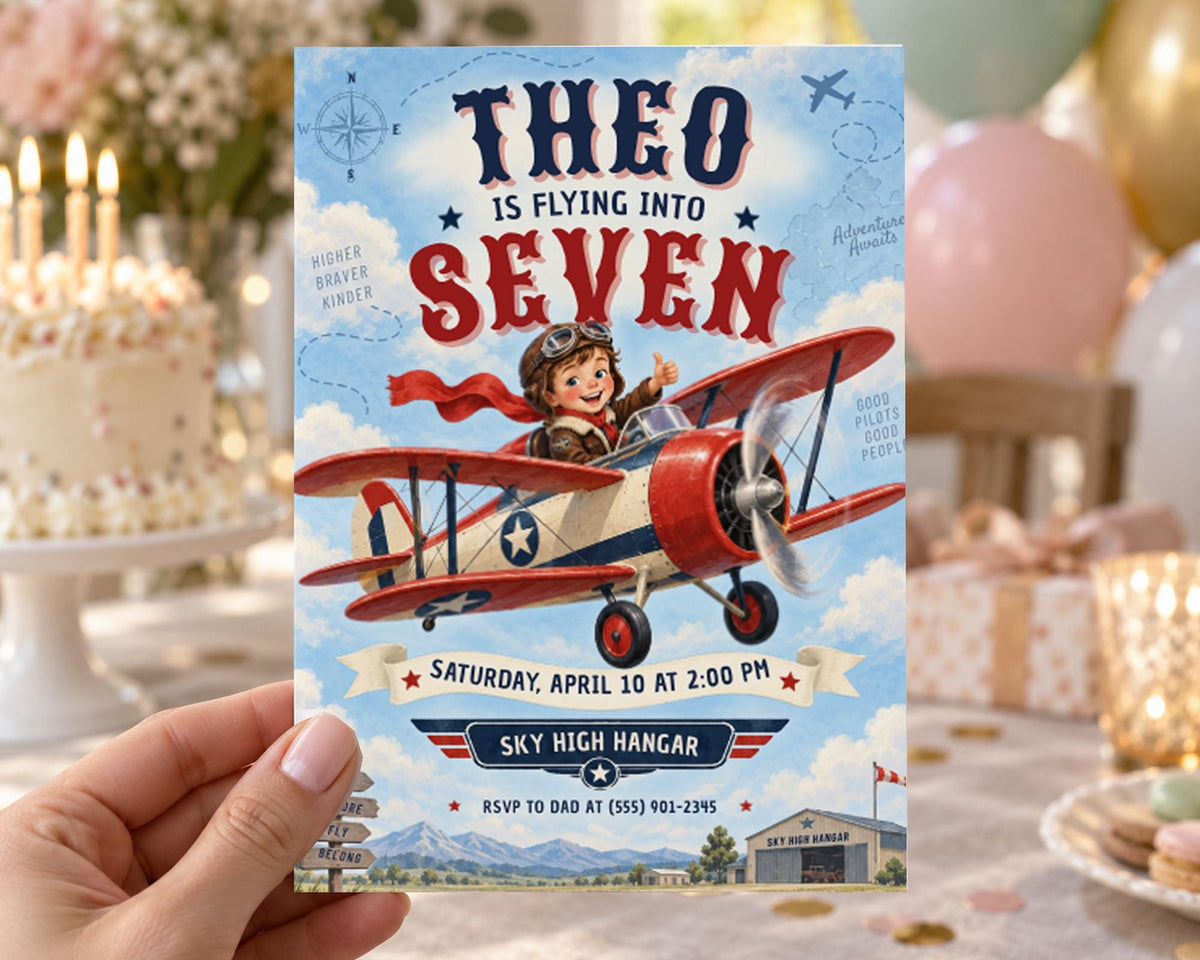 The image is a birthday invitation for a seven-year-old named Theo, featuring a red and white biplane and a smiling boy.