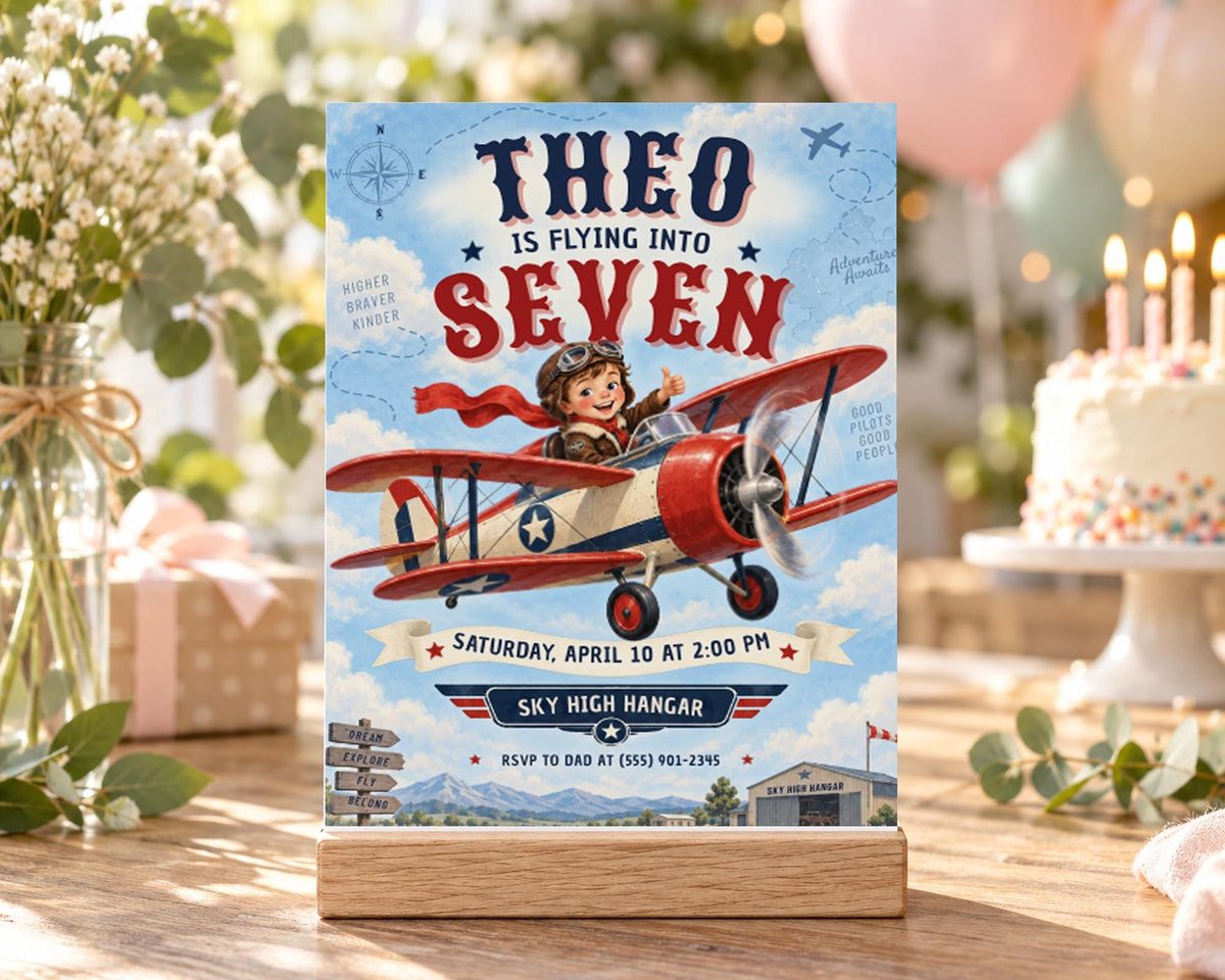The image is a birthday invitation for a seven-year-old named Theo, featuring a red and white biplane and a young boy in a pilot's uniform.