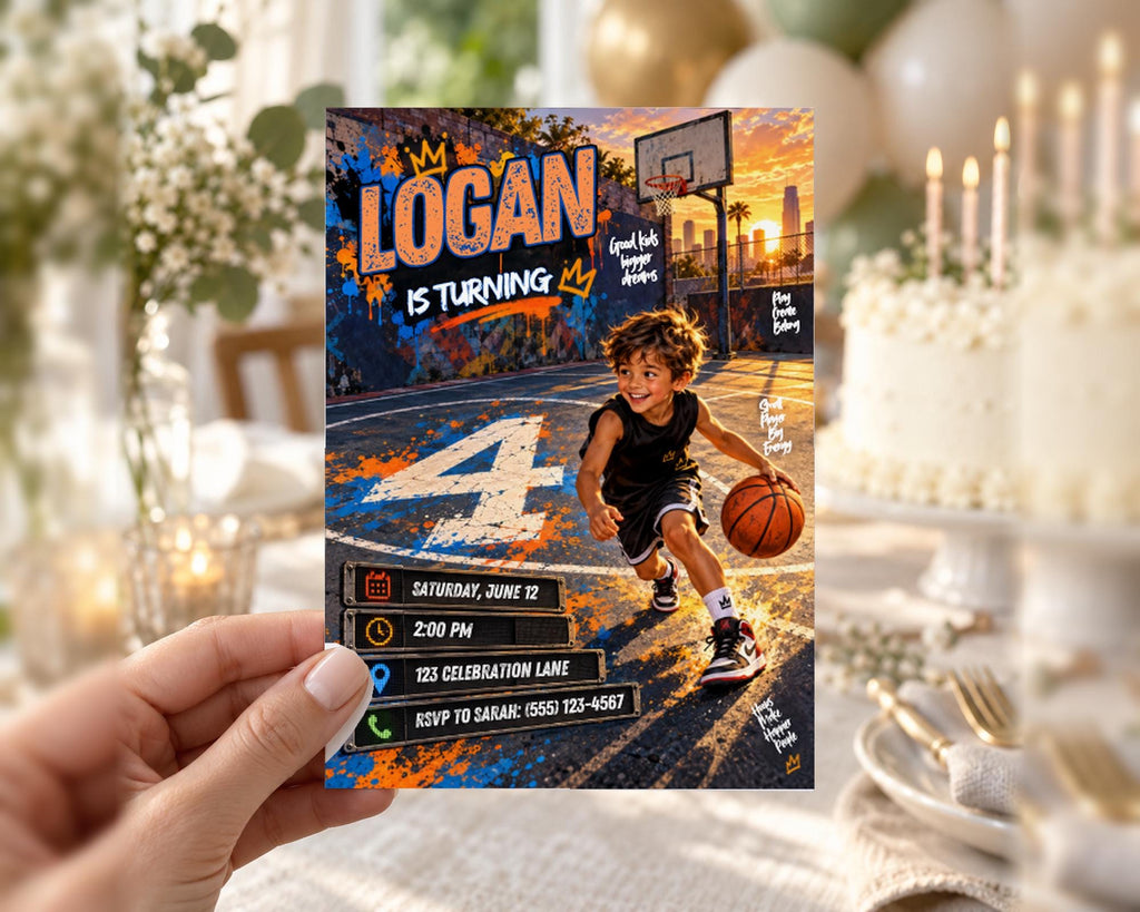 A hand holding a birthday invitation card with a basketball player on it, celebrating Logan's 4th birthday.