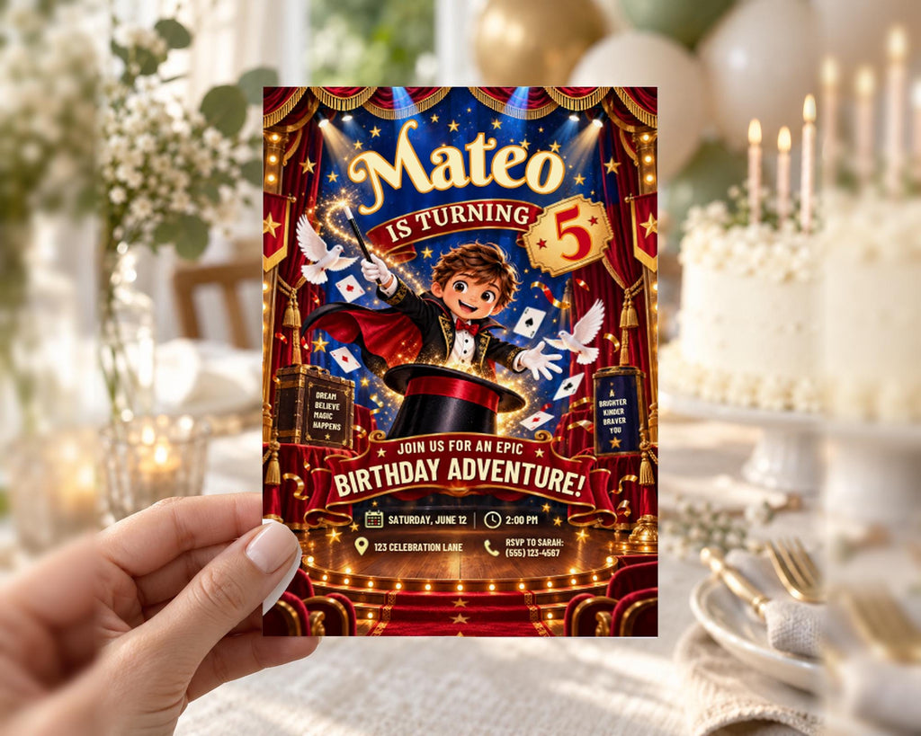 A birthday party invitation for Mateo's 5th birthday, featuring a cartoon character and a circus theme.