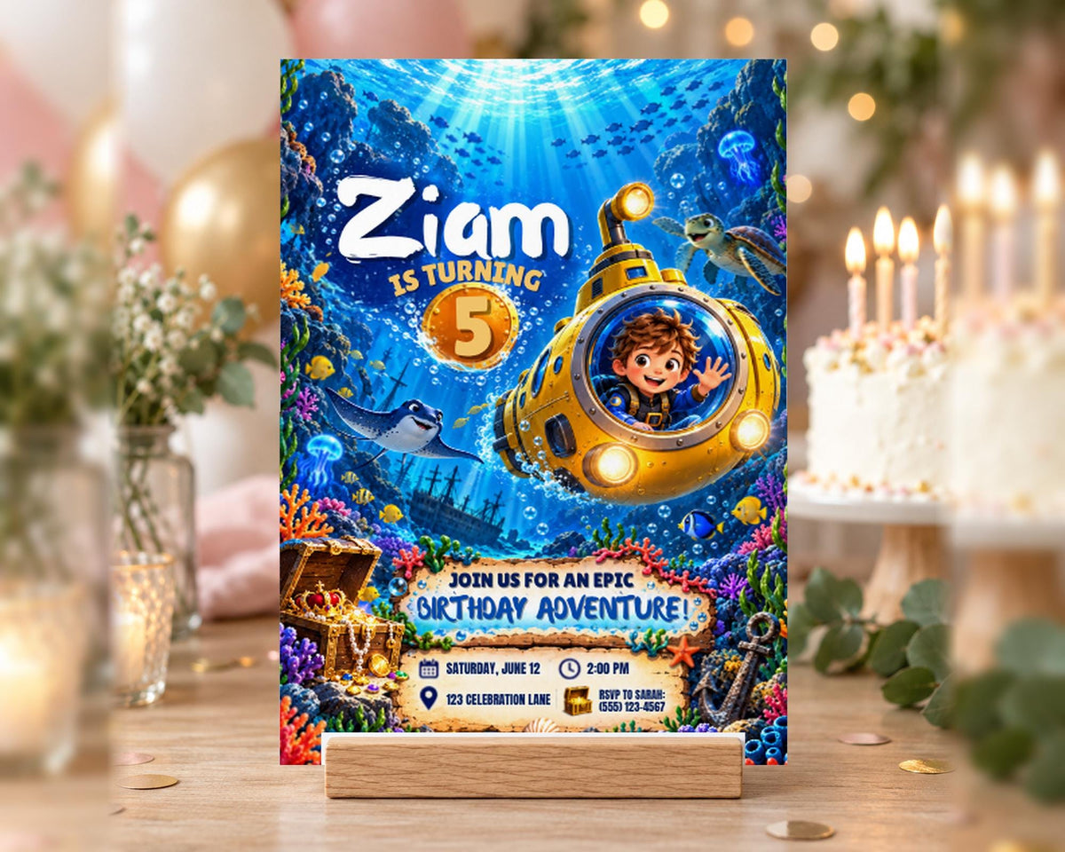 A birthday party invitation featuring a cartoon submarine and a young boy, with the text "Ziam is turning 5" and "Join us for an Epic Birthday Adventure!"