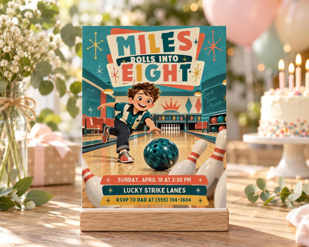 The image is a colorful invitation card for a bowling event, featuring a cartoon boy playing bowling and surrounded by bowling pins, balloons, and a cake.