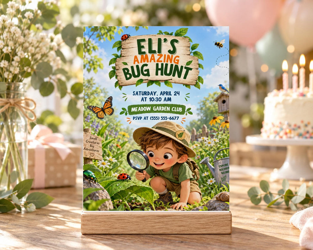The image is a birthday invitation for a bug hunt event, featuring a young boy in a hat and a magnifying glass, surrounded by a garden scene.