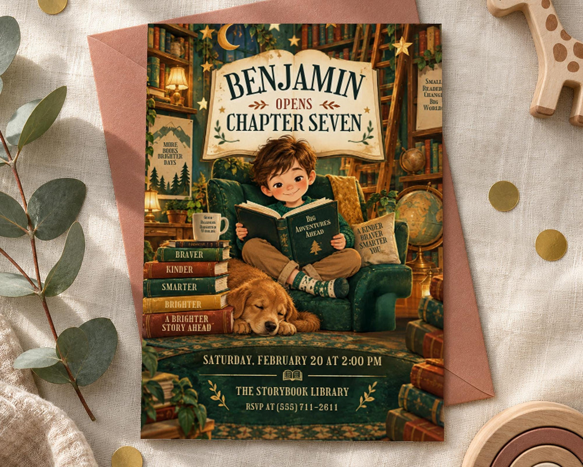 The image is a colorful invitation card for a children's book-themed event, featuring a young boy reading a book in a cozy setting surrounded by books and a dog.