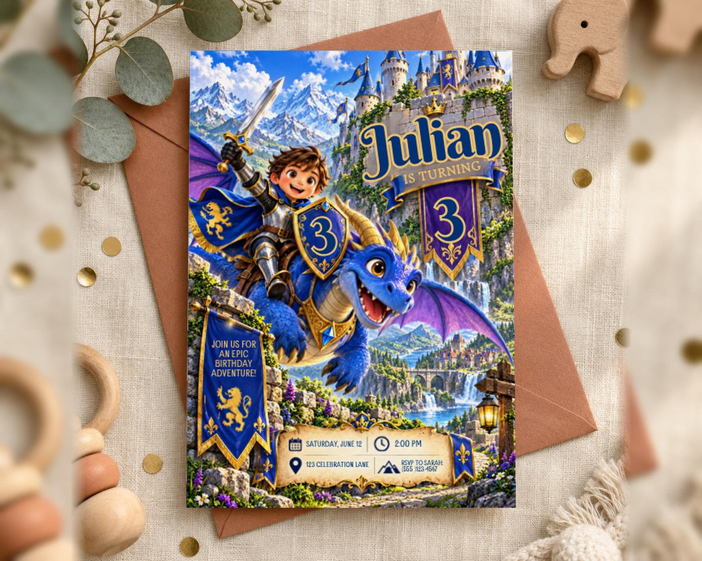 The image is a birthday invitation featuring a knight on a dragon, with the name "Julian" and the number 3. The invitation is set against a castle backdrop and includes details about the event, such as the date, time, location, and RSVP information.