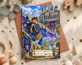The image is a birthday invitation featuring a knight on a dragon, with the name "Julian" and the number 3. The invitation is set against a castle backdrop and includes details about the event, such as the date, time, location, and RSVP information.