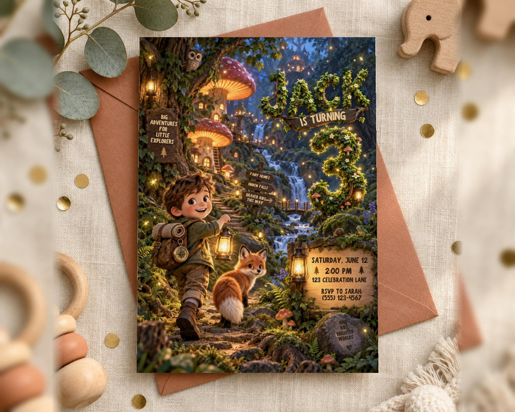 A birthday invitation featuring a young boy and a fox in a forest setting, with mushrooms and a waterfall in the background.