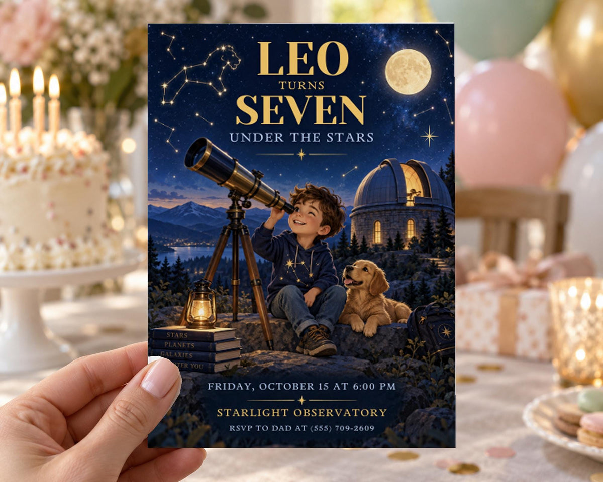 The image is a birthday invitation for Leo, who turns seven under the stars. The invitation features a young boy looking up at the night sky with a telescope, accompanied by a dog. The event is scheduled for Friday, October 15 at 6:00 PM at the Starlight Observatory, RSVP to DAD at (336) 769-2099.