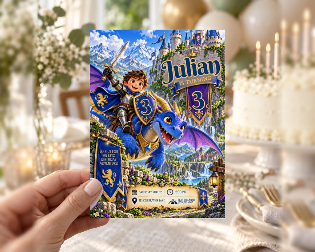 The image is a birthday invitation for a child named Julian, who is turning three years old. The invitation features a cartoon image of a young boy riding a dragon, with a castle in the background. The text on the invitation includes details about the event, such as the date, time, location, and RSVP information.