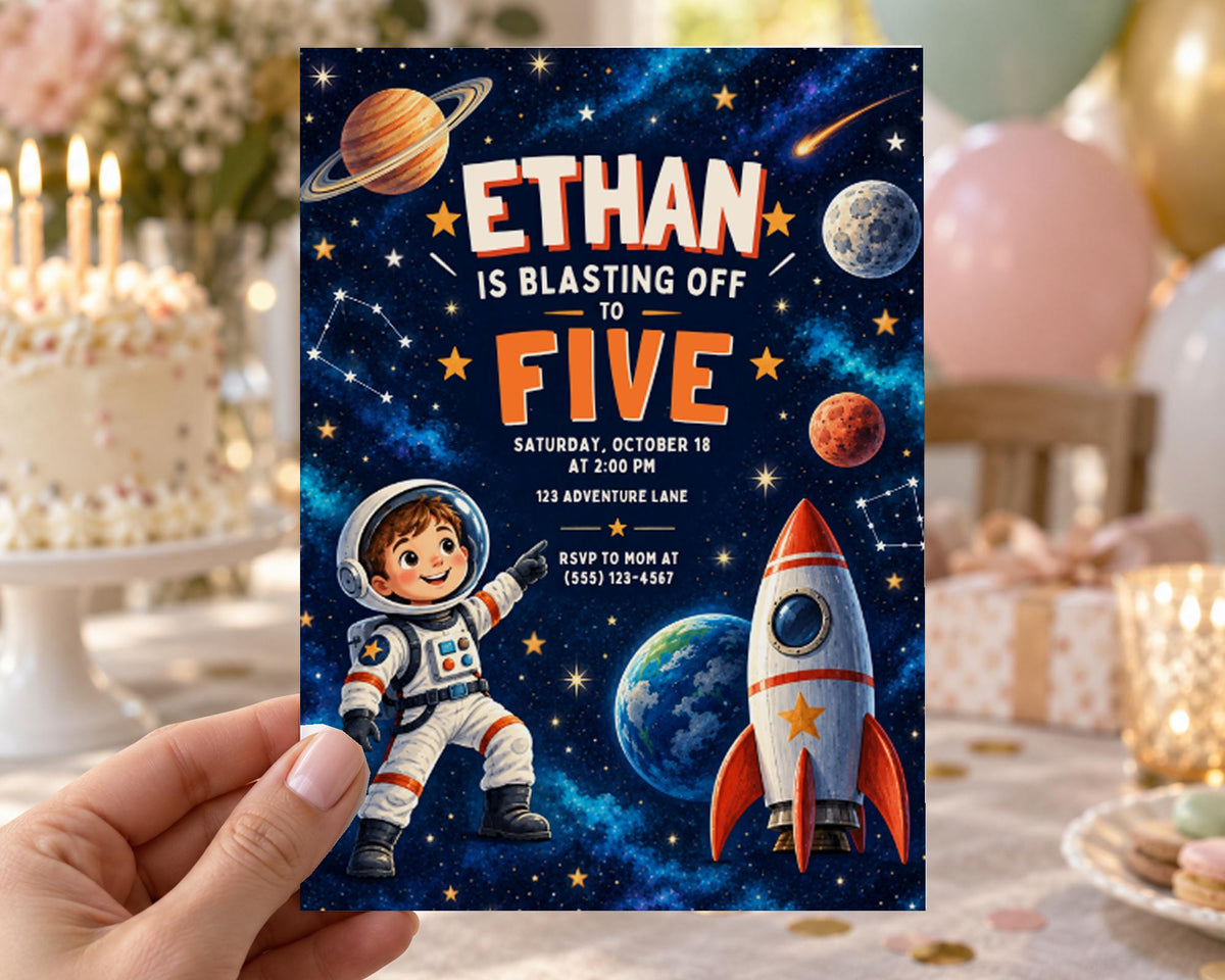 The image is a birthday invitation for a boy named Ethan, who is celebrating his fifth birthday. The invitation features a space theme with a rocket ship, planets, and stars.