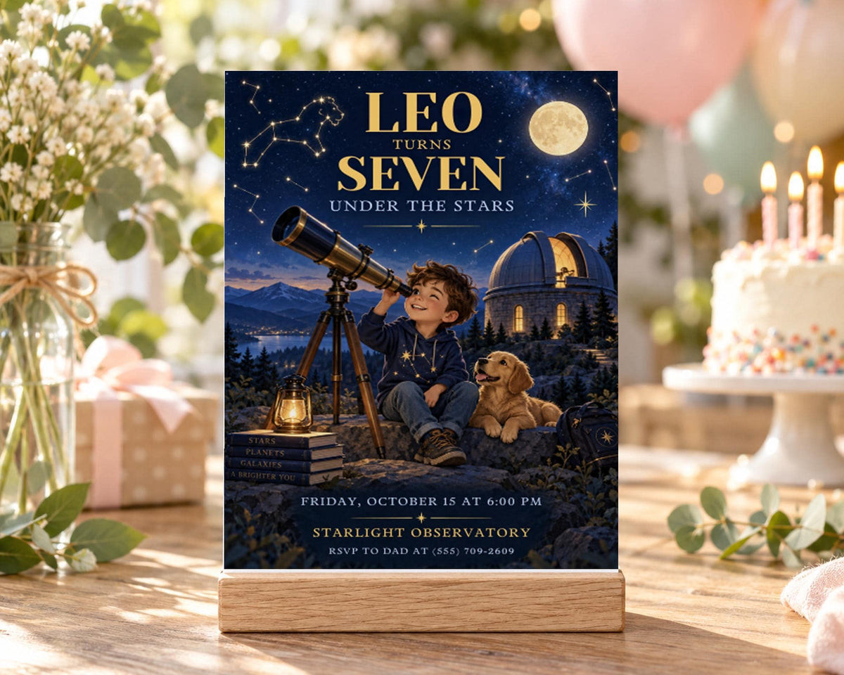 The image is a birthday invitation for Leo, who turns seven, under the stars. The invitation features a young boy looking up at the night sky with a telescope, accompanied by a dog. The event is scheduled for Friday, October 15 at 6:00 PM at the Starlight Observatory, and the invitation is ready to be sent out.