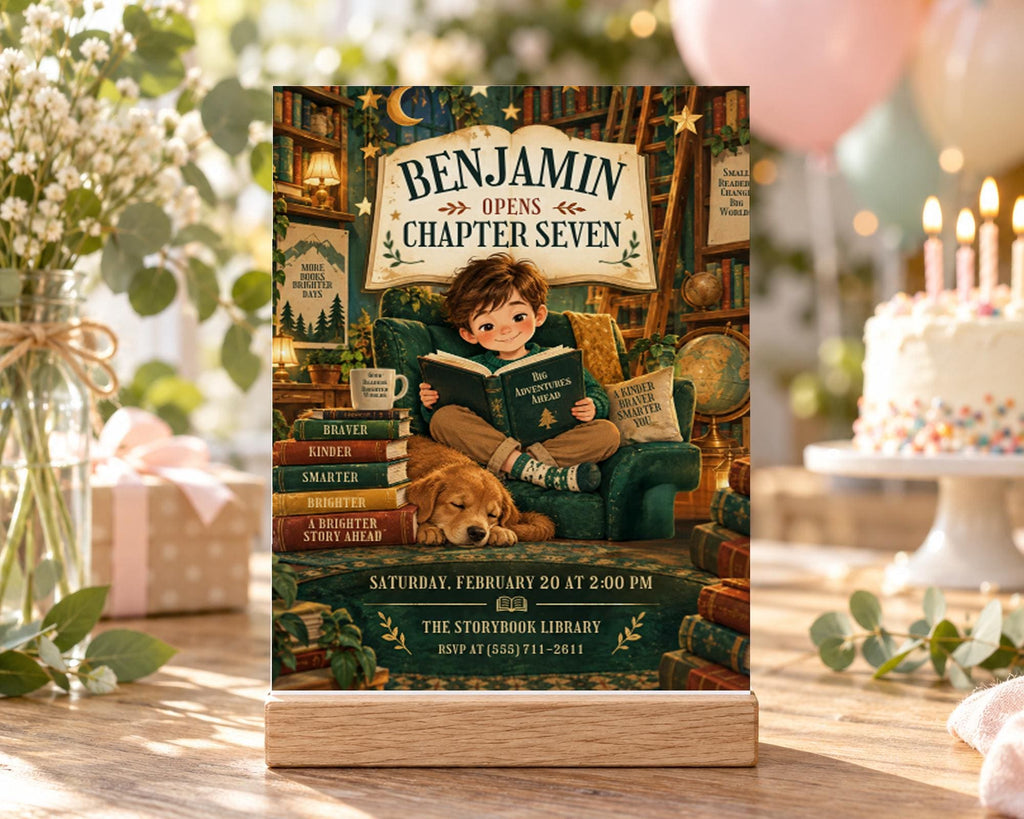 The image is a birthday invitation for a boy named Benjamin, who is opening a chapter seven book. The invitation features a boy sitting in a chair surrounded by books, with a dog resting on his lap. The event is scheduled for Saturday, February 20 at 2:00 PM at The Storybook Library, and the invitation is RSVPed at (615) 781-2811.