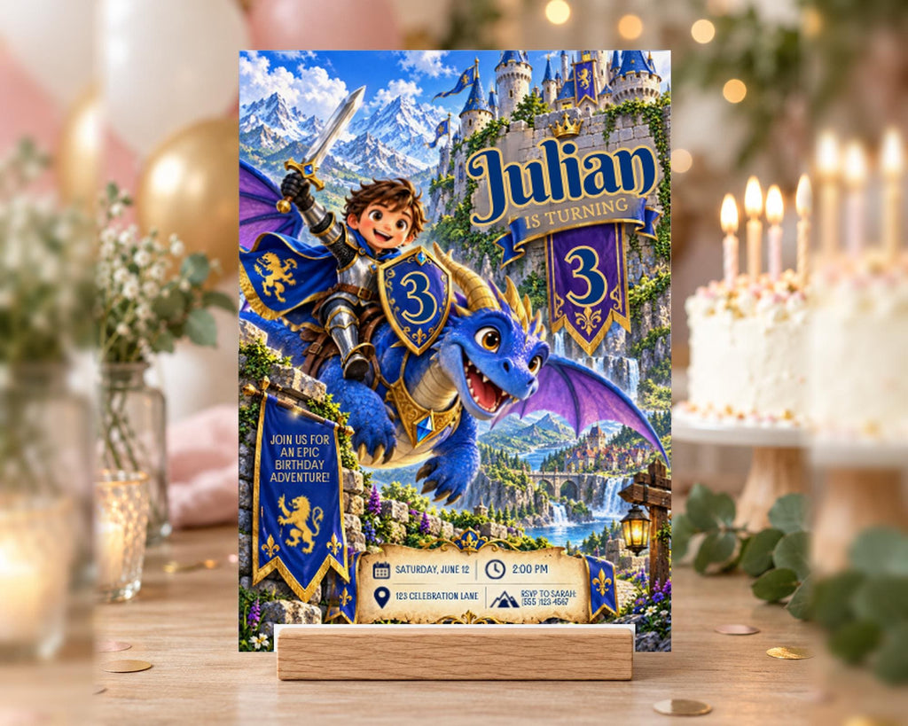 The image is a birthday invitation featuring a cartoon character riding a dragon, with a castle in the background and the text "Julian is turning 3".