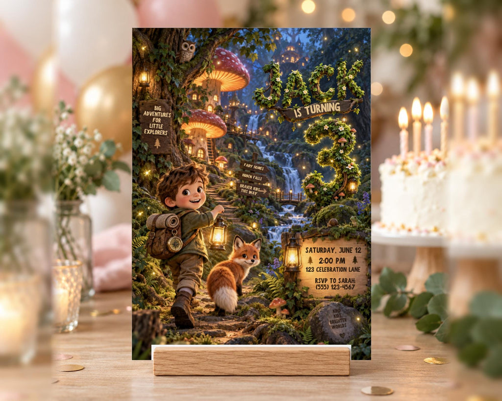 A birthday party invitation featuring a cartoon boy and a fox in a forest setting, with a castle and mushrooms in the background.