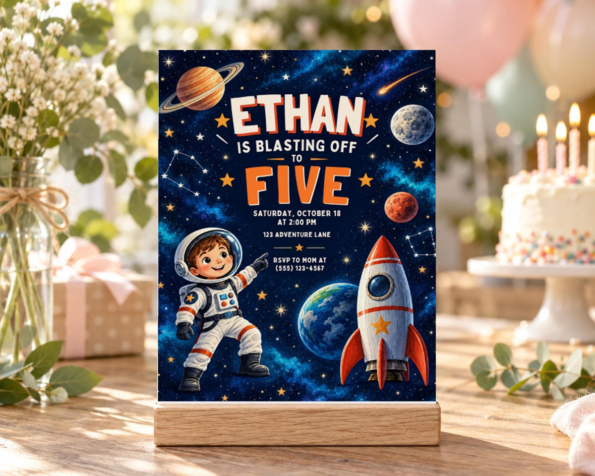 A birthday party invitation for a boy named Ethan, who is celebrating his fifth birthday. The invitation features a space theme with a rocket ship, planets, and stars.