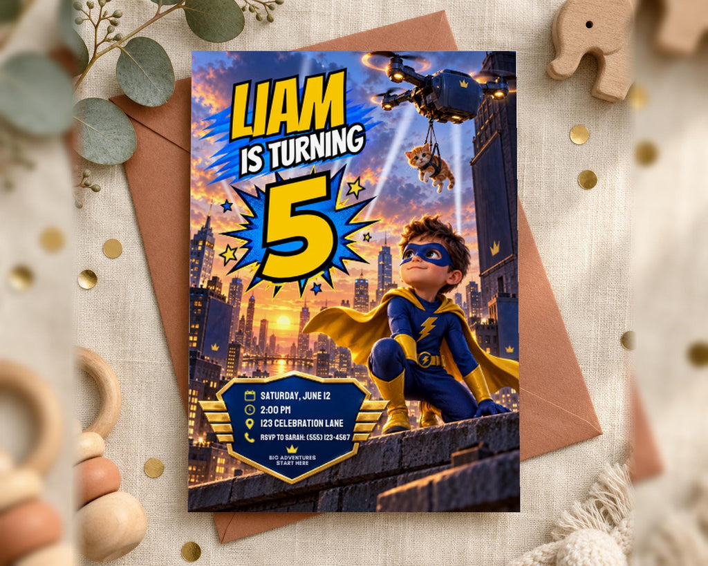 A birthday party invitation featuring a superhero character, with the text "Liam is turning 5" and details about the event.