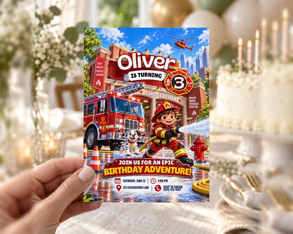 The image is a birthday invitation for a child named Oliver, who is turning three years old. The invitation features a fireman character and includes details about the birthday party, such as the date, time, location, and additional information.