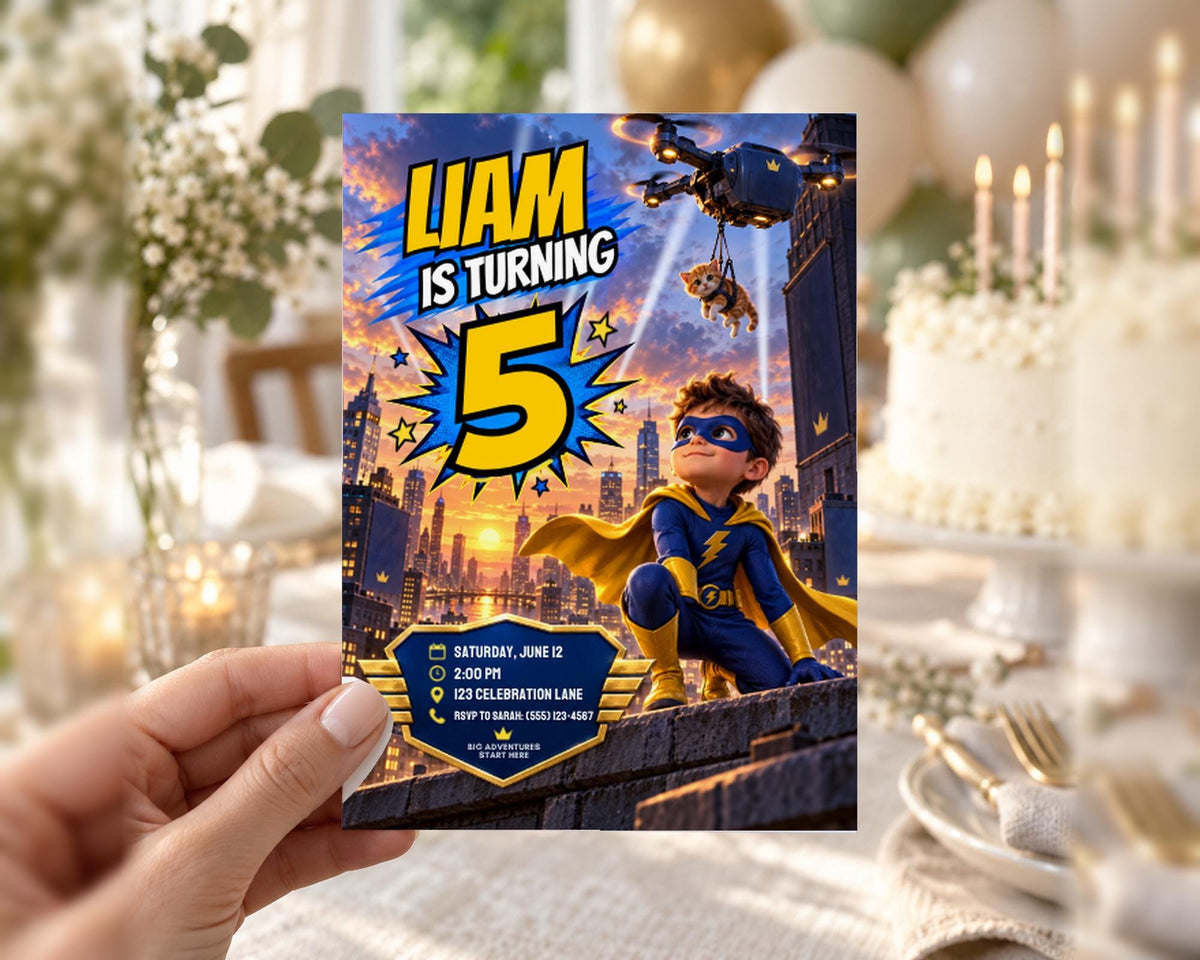 A birthday party invitation for a child named Liam, who is turning 5 years old. The invitation features a superhero character and includes details about the party, such as the date, time, location, and RSVP information.