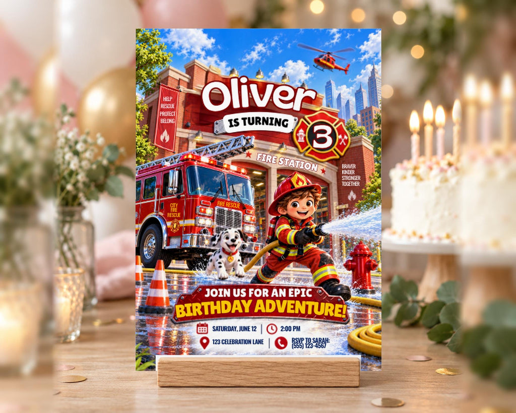 The image is a birthday invitation for a child named Oliver, who is turning three years old. The invitation features a fire station theme, with a fireman and a fire truck prominently displayed. The event is scheduled for Saturday, June 12th at 2:00 PM at the Celebration Lane, with a location number of 2125.