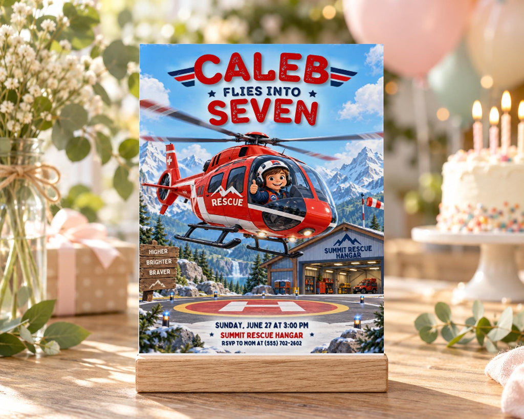 The image is a birthday invitation featuring a cartoon helicopter with the word "RESCUE" on it, flying over a snowy mountain landscape.