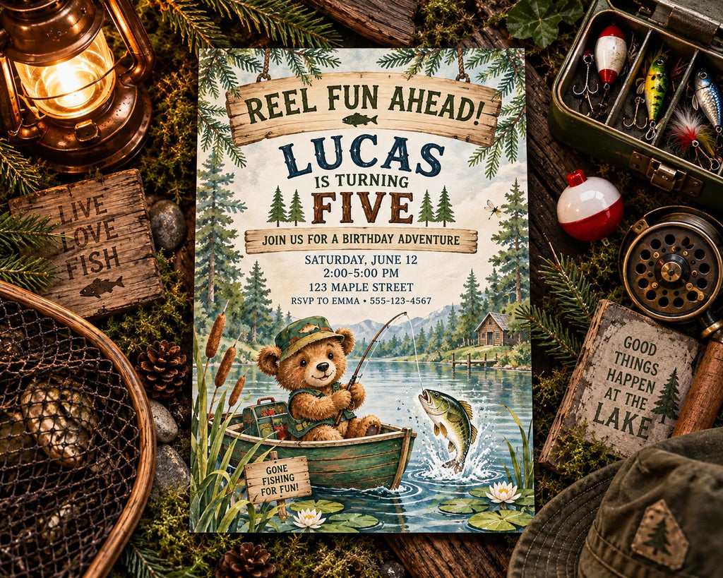 The image is a birthday invitation for Lucas, who is turning five, featuring a teddy bear in a boat on a lake with a fish. The invitation is surrounded by various fishing-related items, such as a fishing rod, a fishing net, and a fishing tackle box.