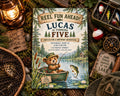 The image is a birthday invitation for Lucas, who is turning five, featuring a teddy bear in a boat on a lake with a fish. The invitation is surrounded by various fishing-related items, such as a fishing rod, a fishing net, and a fishing tackle box.