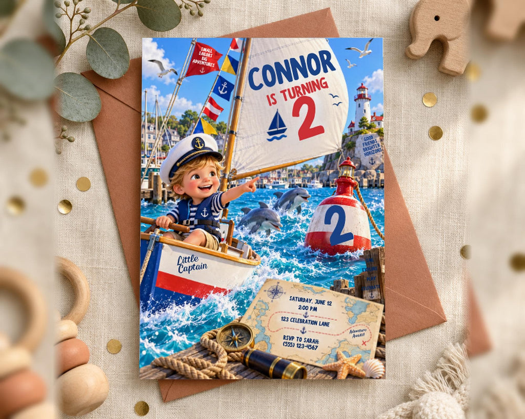 A birthday party invitation featuring a young boy in a boat, surrounded by nautical elements such as flags, a lighthouse, and a treasure map.