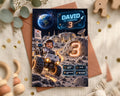 The image is a birthday invitation for a child named David, who is turning three years old. The invitation features a space-themed design with a rocket ship, a planet, and a child riding a vehicle on a moon-like surface. The invitation also includes details about the event, such as the date, time, location, and RSVP information.