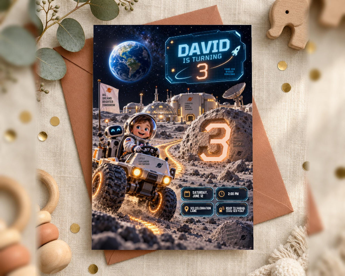 The image is a birthday invitation for a child named David, who is turning three years old. The invitation features a space-themed design with a rocket ship, a planet, and a child riding a vehicle on a moon-like surface. The invitation also includes details about the event, such as the date, time, location, and RSVP information.