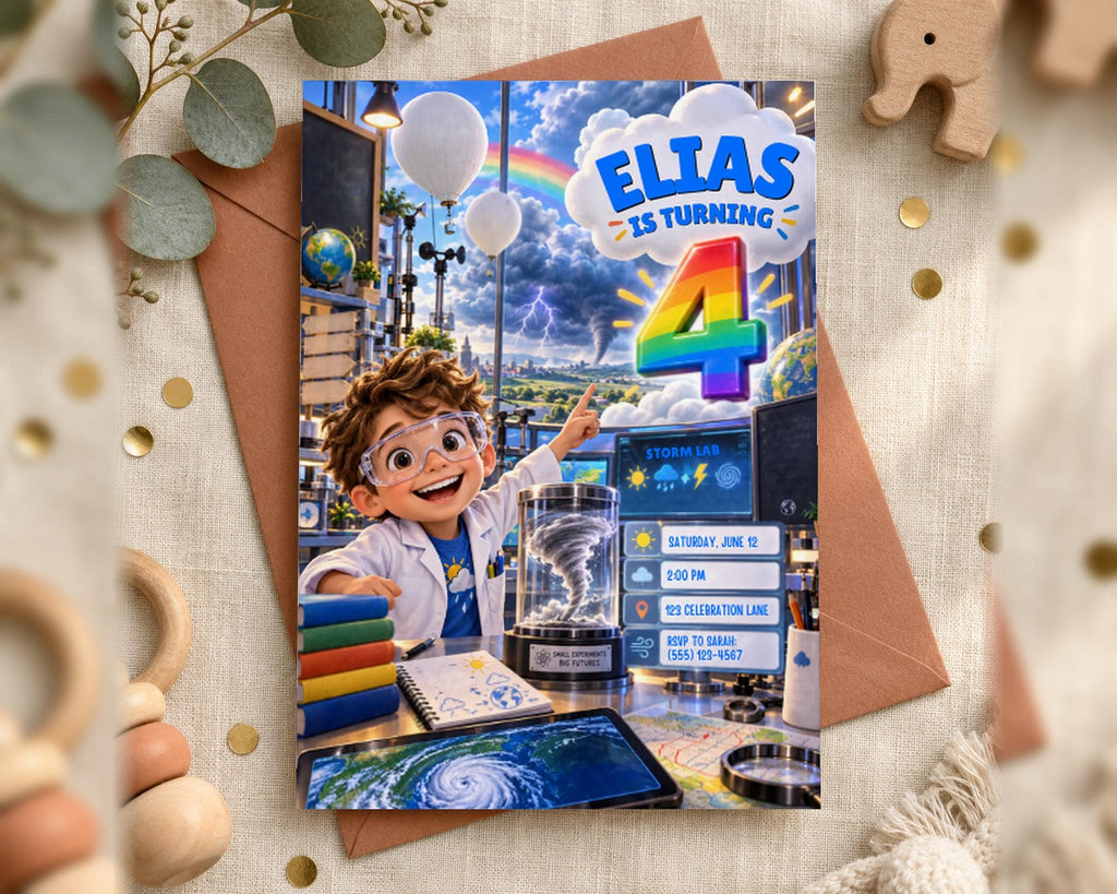 A birthday invitation featuring a cartoon character, likely Elias, who is turning 4 years old. The invitation has a colorful and playful design with various elements such as balloons, a stormy weather backdrop, and a laboratory setting.