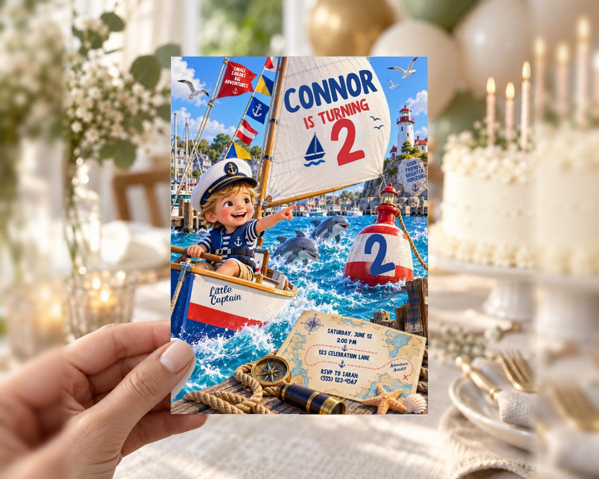 The image is a birthday invitation for a child named Connor, who is turning 2 years old. The invitation features a nautical theme with a cartoon character, a sailboat, and various nautical elements such as a lighthouse, balloons, and a cake.