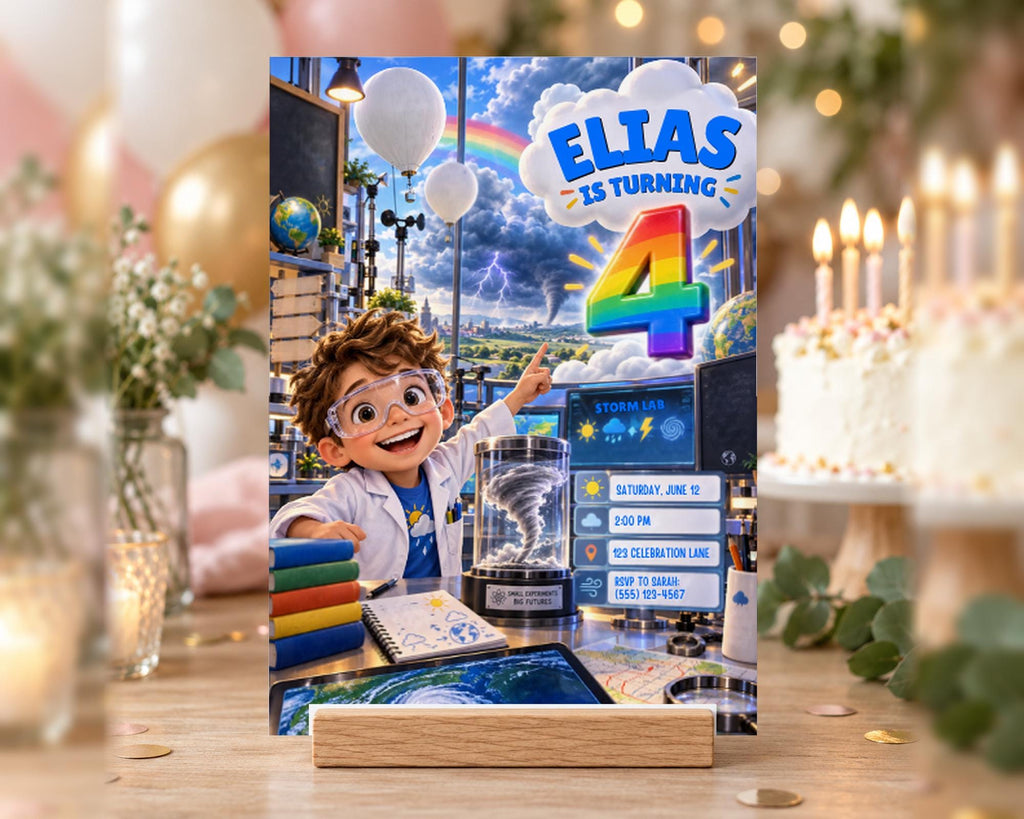 A birthday party invitation featuring a cartoon character named Elias, who is turning 4 years old. The invitation has a colorful and playful design, with balloons, a weather vane, and a cake visible in the background.