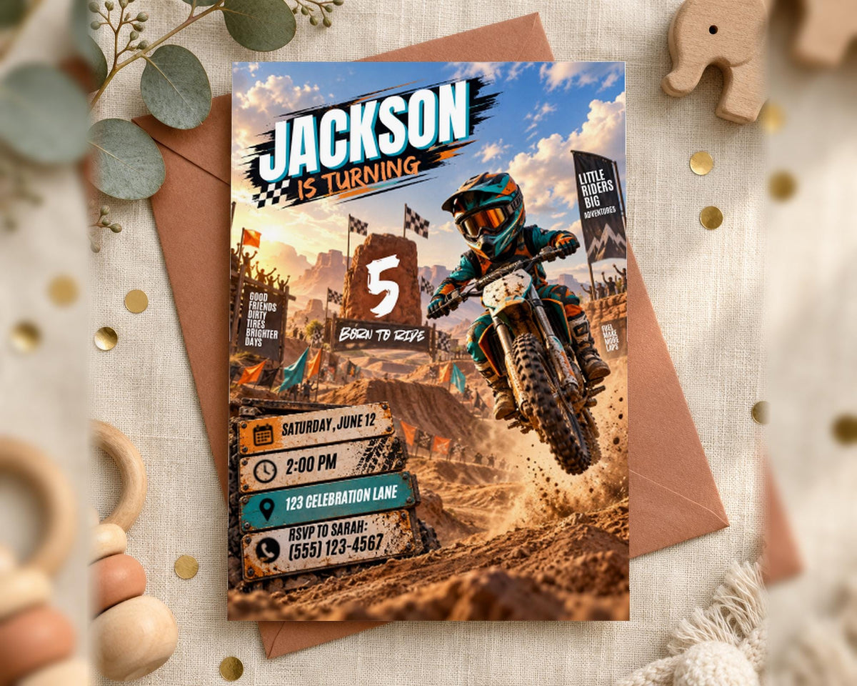 Jackson is turning 5, and he is about to ride a dirt bike. The event is scheduled for Saturday, June 12th at 2:00 PM at 123 Celebration Lane, with a start time of 2:00 PM and an end time of 3:00 PM. The location is at 123 Celebration Lane, and there is a phone number provided for any questions or concerns.