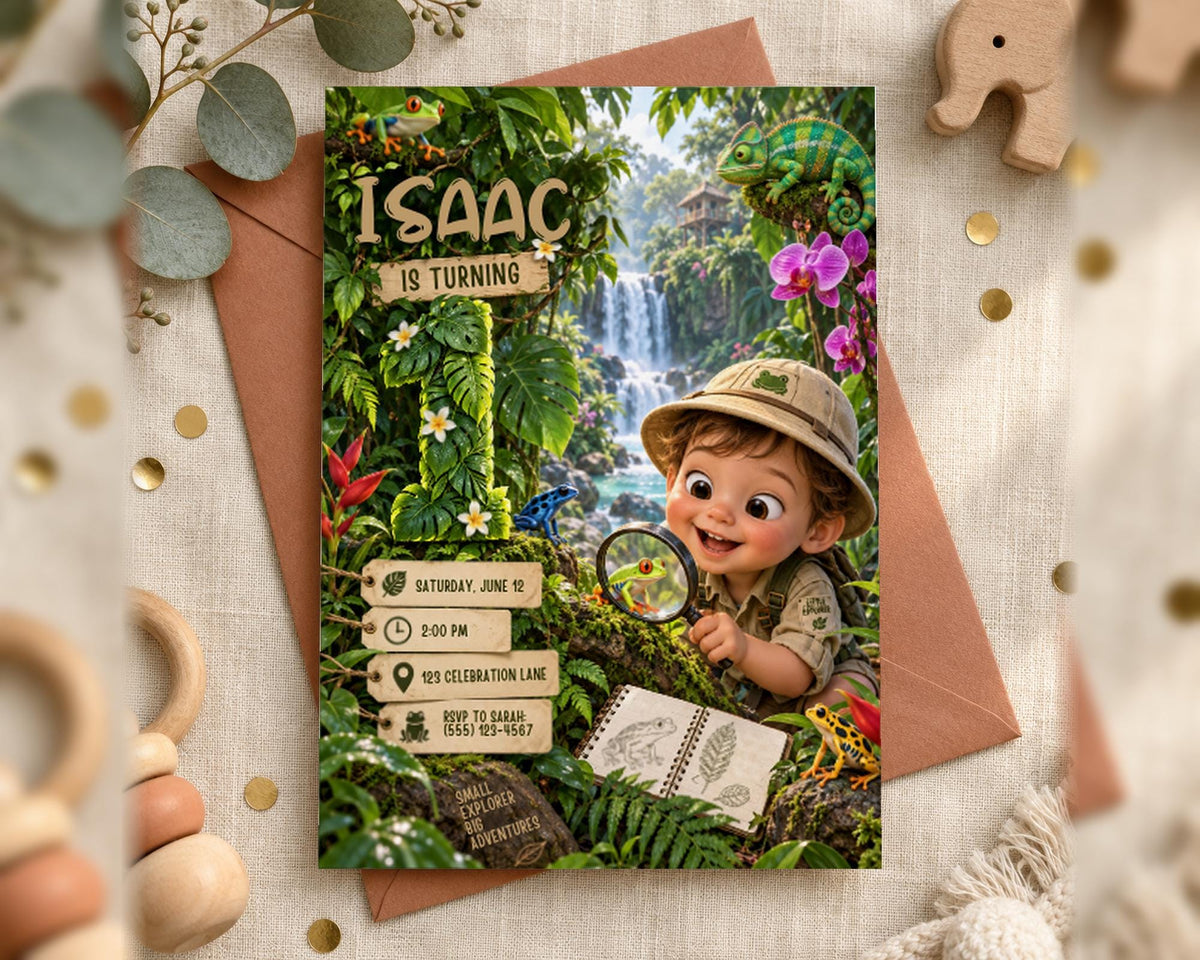 A birthday invitation for a child named Isaac, featuring a jungle scene with a young boy holding a magnifying glass and surrounded by various jungle animals and plants.