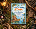 The image is a birthday invitation for a boy named Ethan, featuring a teddy bear in a boat on a lake, surrounded by fishing gear and other outdoor elements.