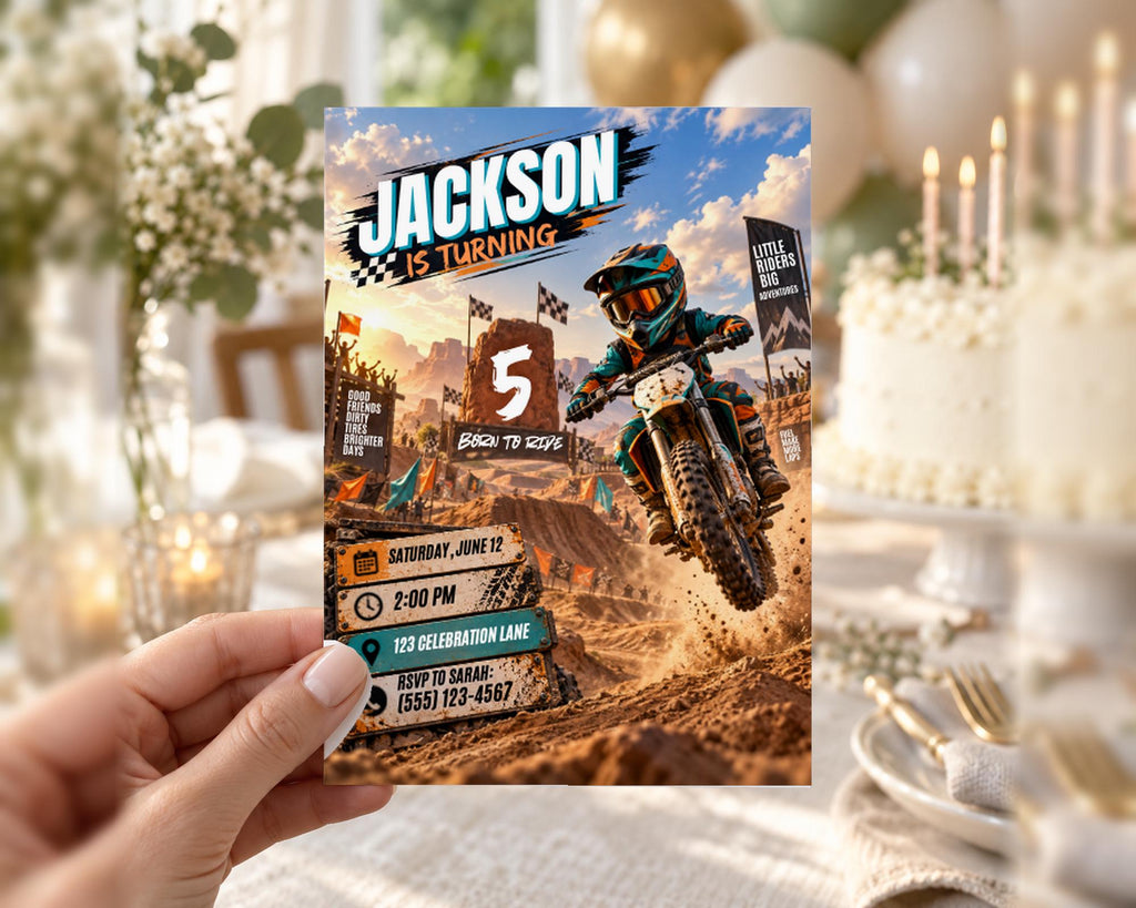 A person is holding a birthday party invitation featuring a motorcycle rider and dirt bike racing, with details about the event and location.
