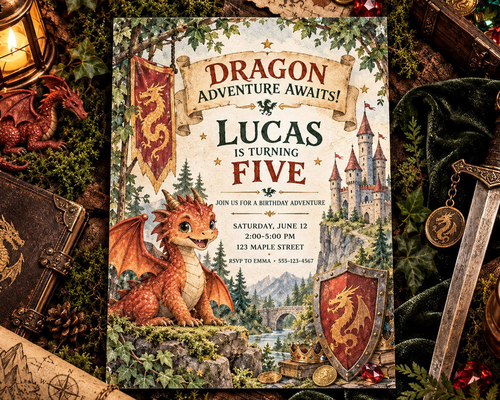 The image is a birthday invitation for Lucas, who is turning five years old. The invitation features a dragon and castle theme, with the dragon sitting on a rock and the castle in the background. The invitation includes details about the birthday party, such as the date, time, and location, as well as contact information for the host.