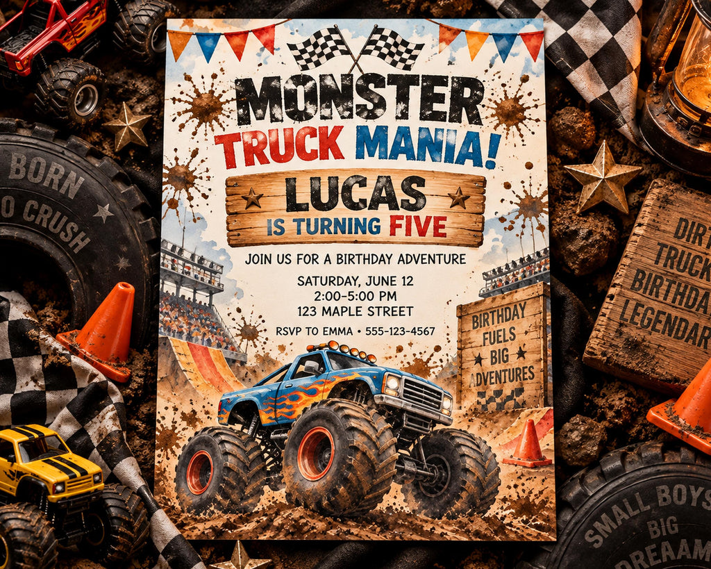 The image is a birthday party invitation for a child named Lucas, who is turning five years old. The invitation features a large monster truck and other monster-themed elements, such as a checkered flag and a dirt road.