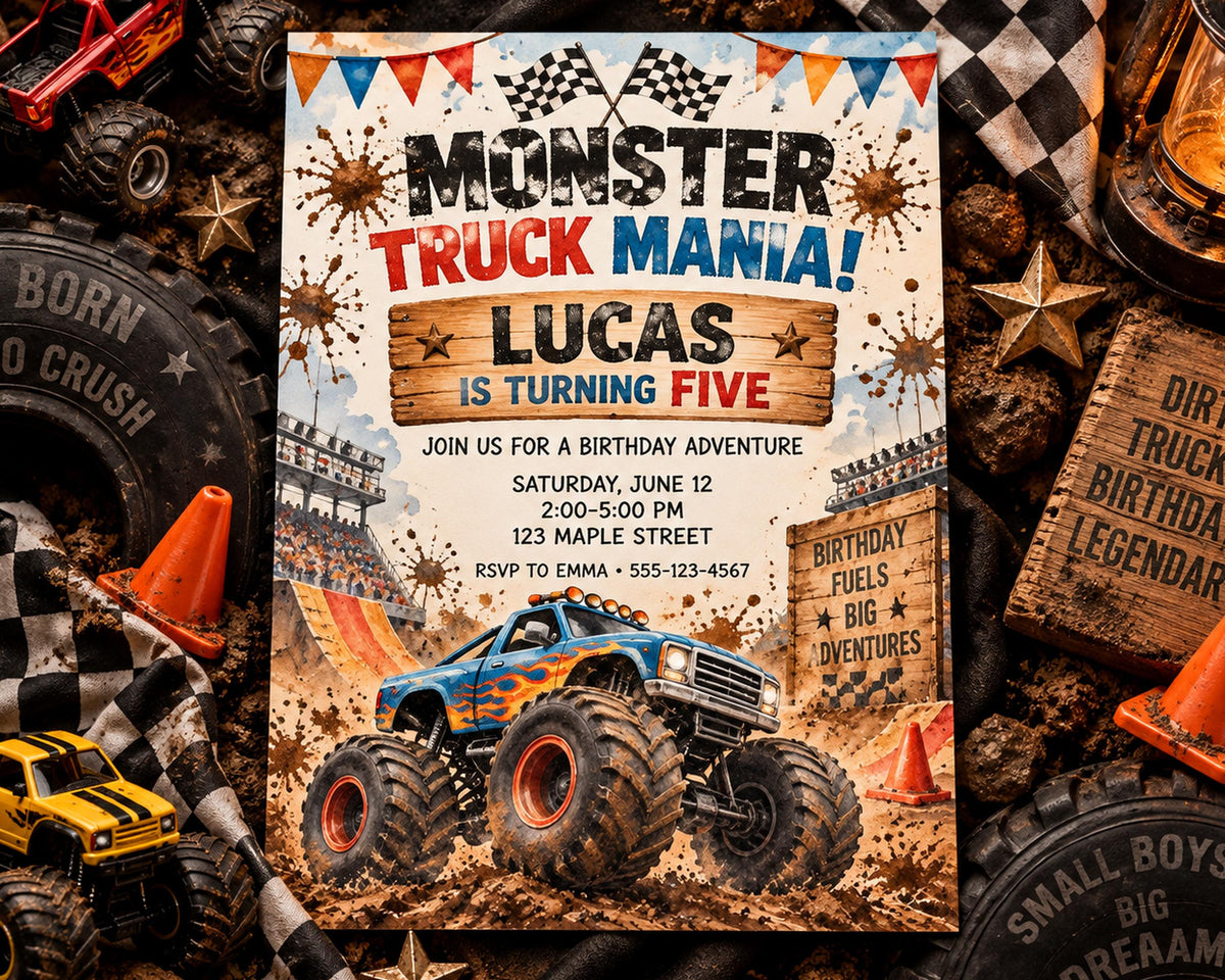 The image is a birthday party invitation for a child named Lucas, who is turning five years old. The invitation features a large monster truck and other monster-themed elements, such as a checkered flag and a dirt road.