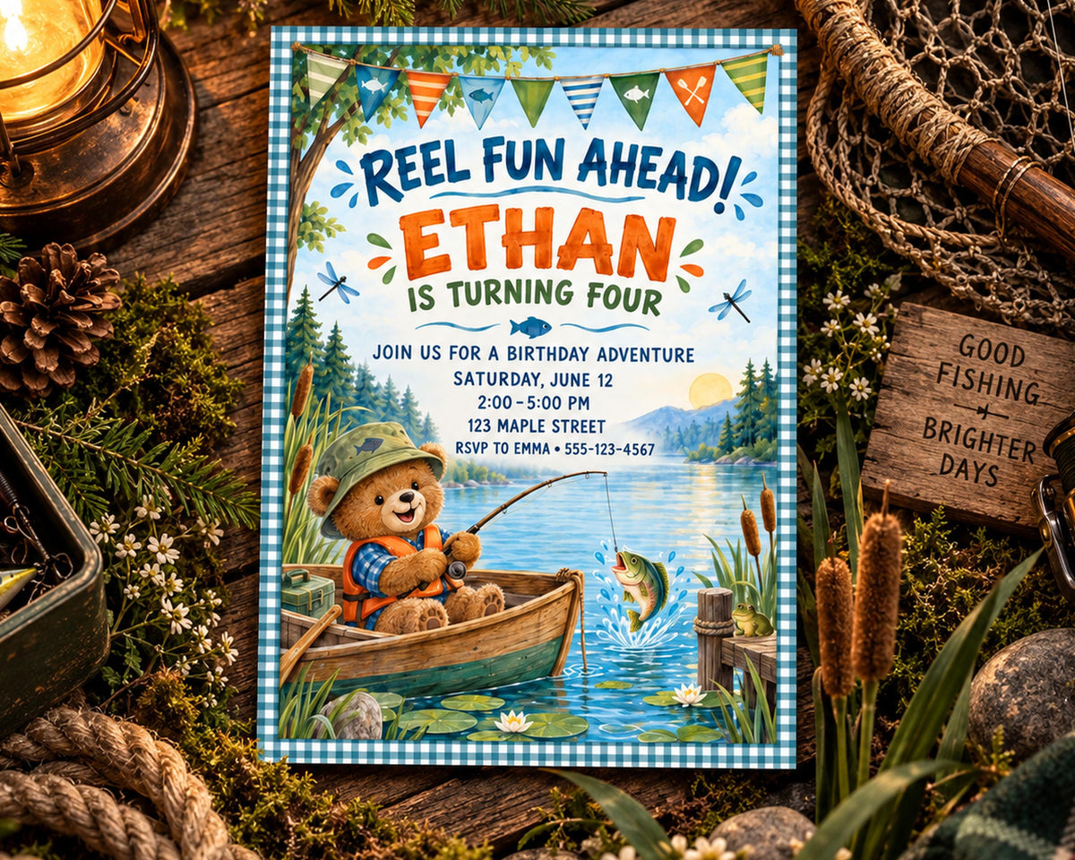 The image is a birthday invitation for a boy named Ethan, featuring a teddy bear in a boat on a lake, with a fishing rod and other outdoor elements.