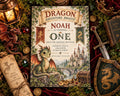 The image is a birthday invitation for Noah, featuring a dragon and a castle, surrounded by various medieval-themed items such as a lantern, a sword, and a shield.