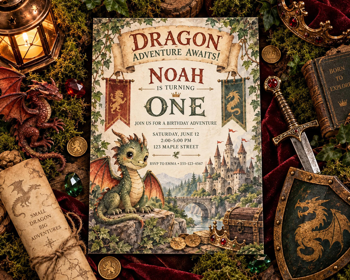 The image is a birthday invitation for Noah, featuring a dragon and a castle, surrounded by various medieval-themed items such as a lantern, a sword, and a shield.