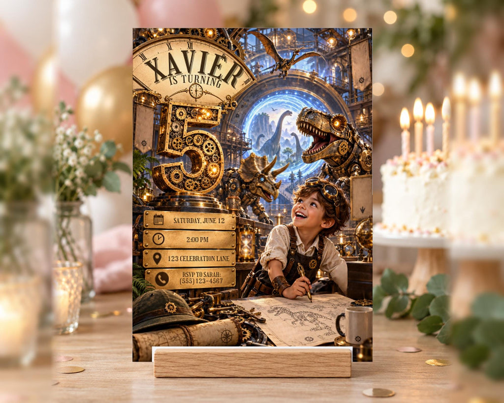 A birthday party invitation for a child named Xavier, featuring a dinosaur and a steampunk-themed background with candles and decorations.