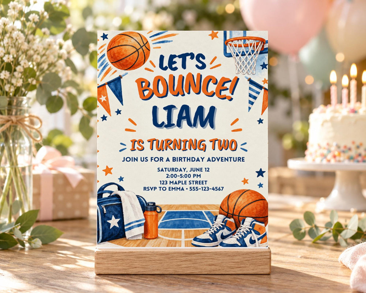 The image is a birthday invitation for a basketball-themed party, featuring a basketball, basketball hoop, and basketball shoes as decorative elements.