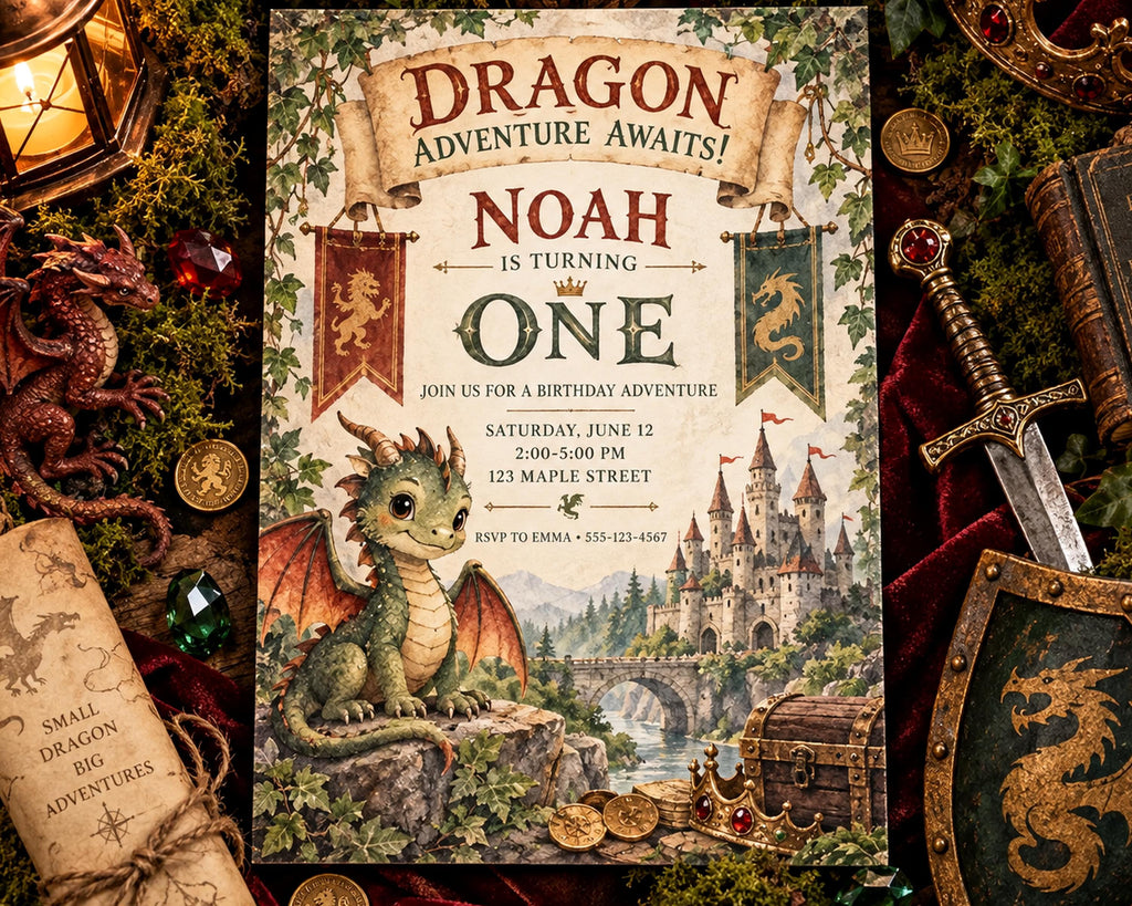 The image is a birthday invitation for Noah, featuring a dragon and a castle, with the text "Dragon Adventure Awaits!" and "Noah is Turning One" prominently displayed.