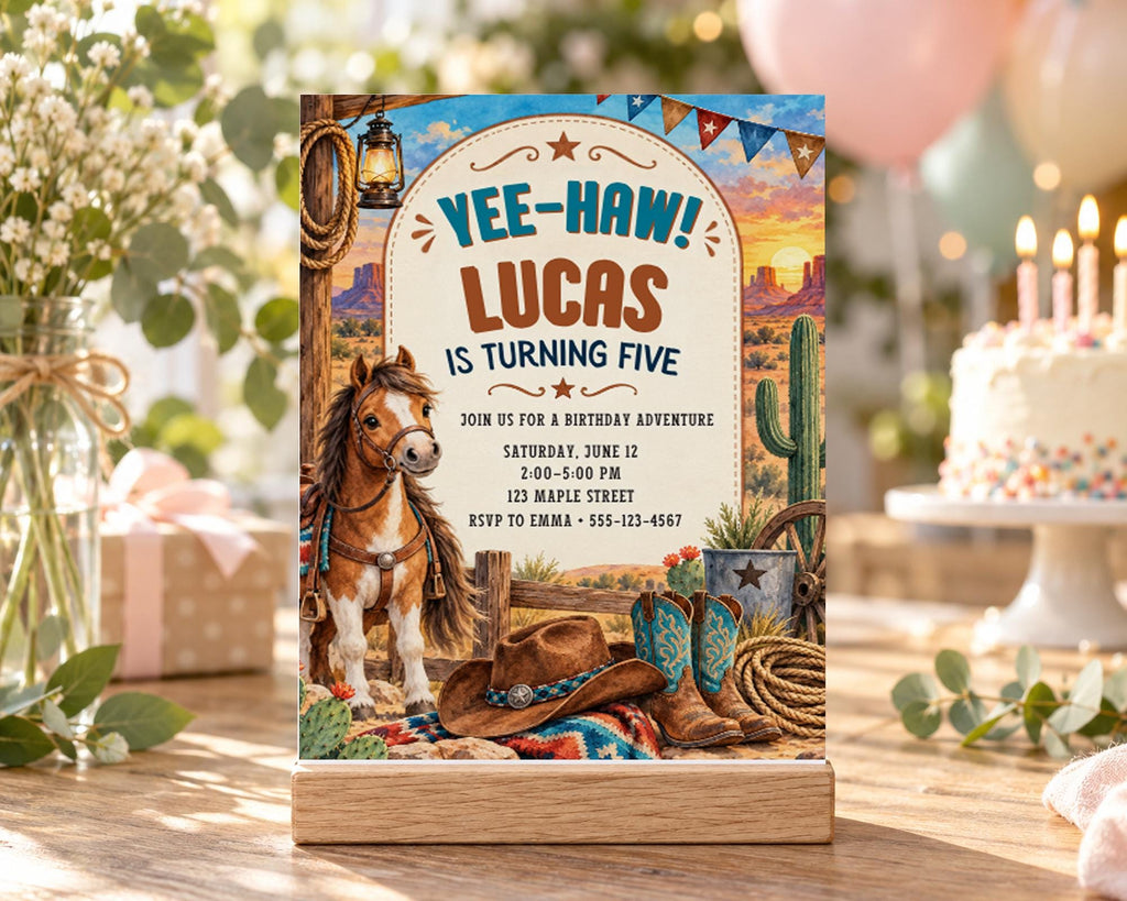 A birthday party invitation for Lucas, who is turning five, featuring a cowboy theme with a horse, cowboy hat, and other western-themed items.