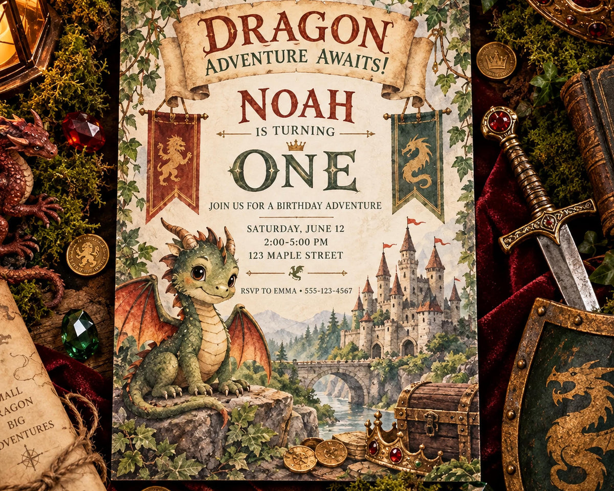 The image is a birthday invitation for Noah, featuring a dragon and a castle, with the text "Dragon Adventure Awaits!" and "Noah is Turning One".