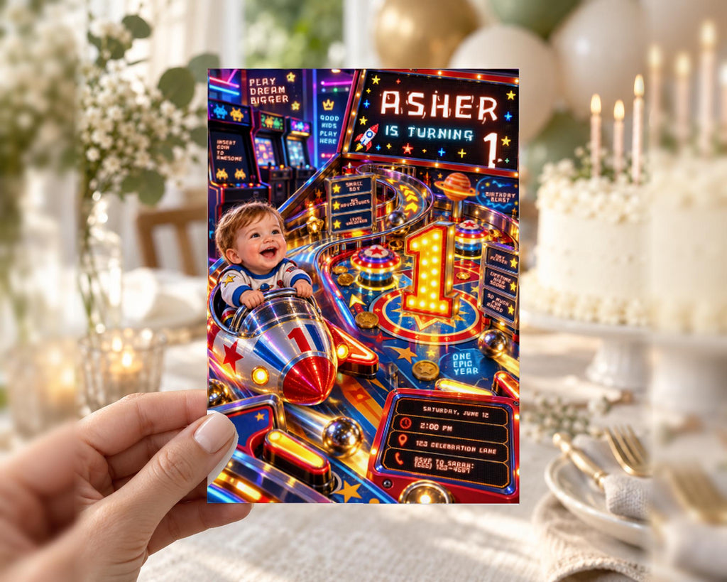 A hand holding a colorful birthday invitation card with a baby playing on a pinball machine.