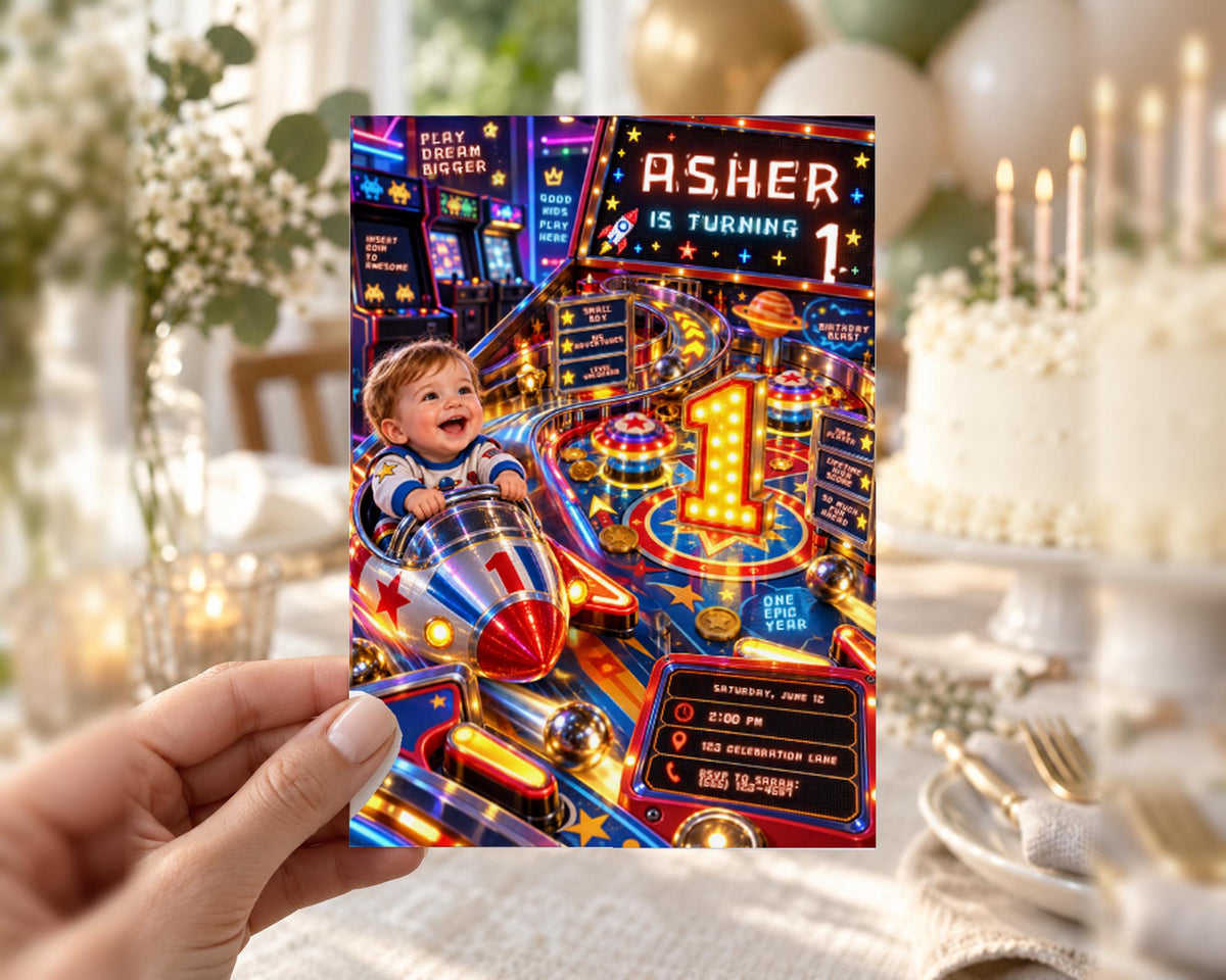 A hand holding a colorful birthday invitation card with a baby playing on a pinball machine.